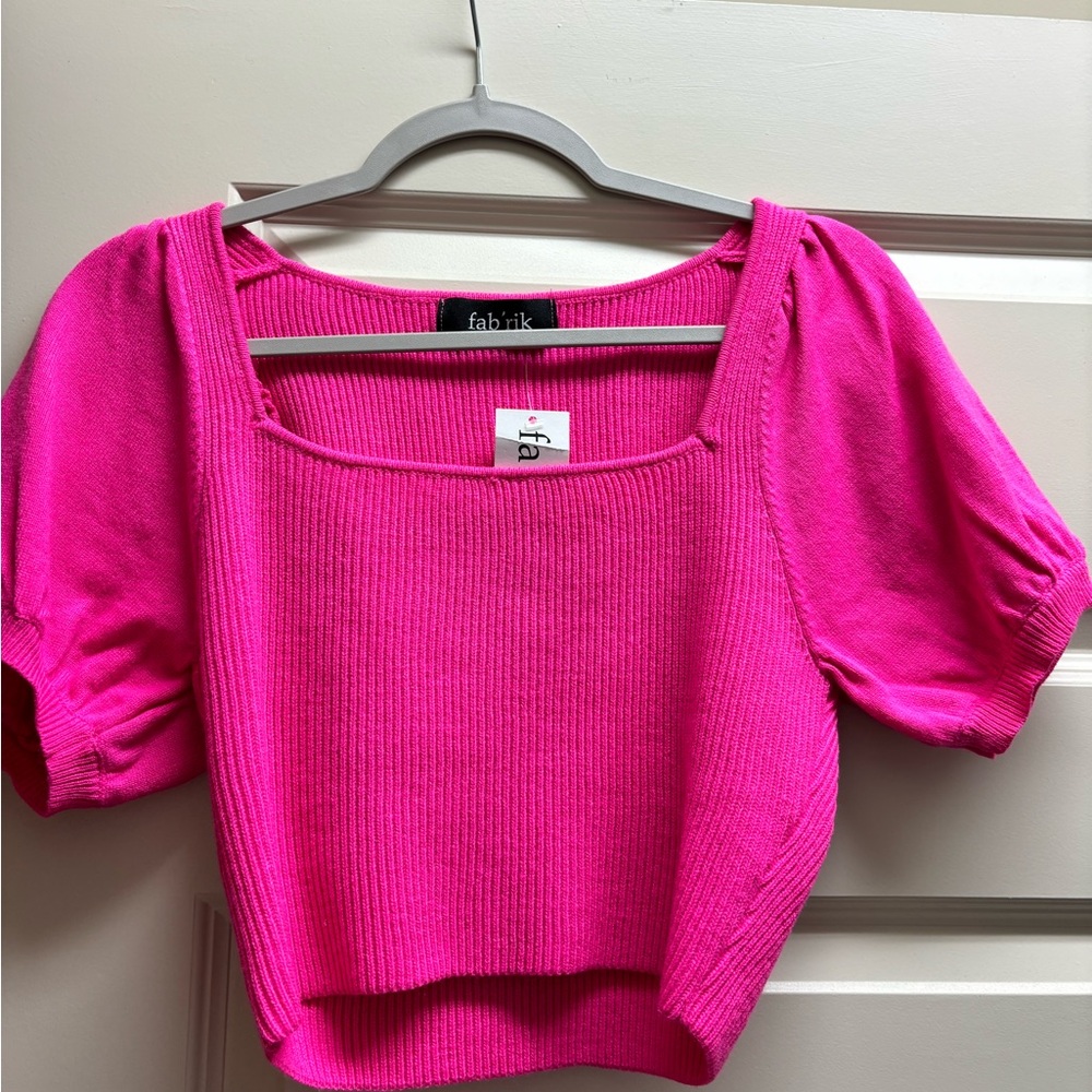 fab'rik Pink Puff Sleeve Ribbed Crop Blouse